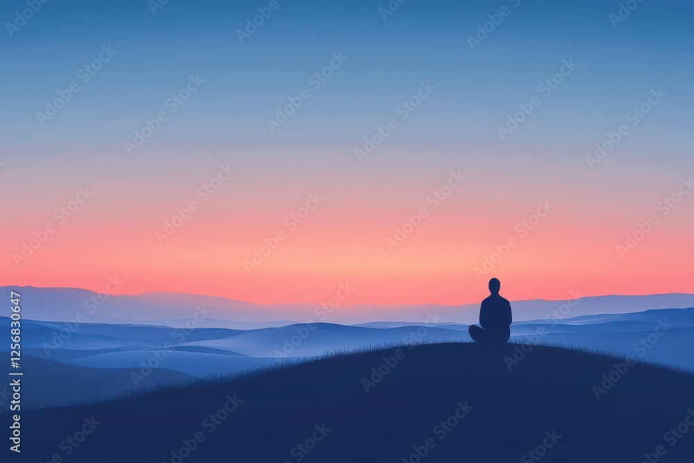 Fototapeta premium Silhouette of a person meditating on a hilltop at sunset