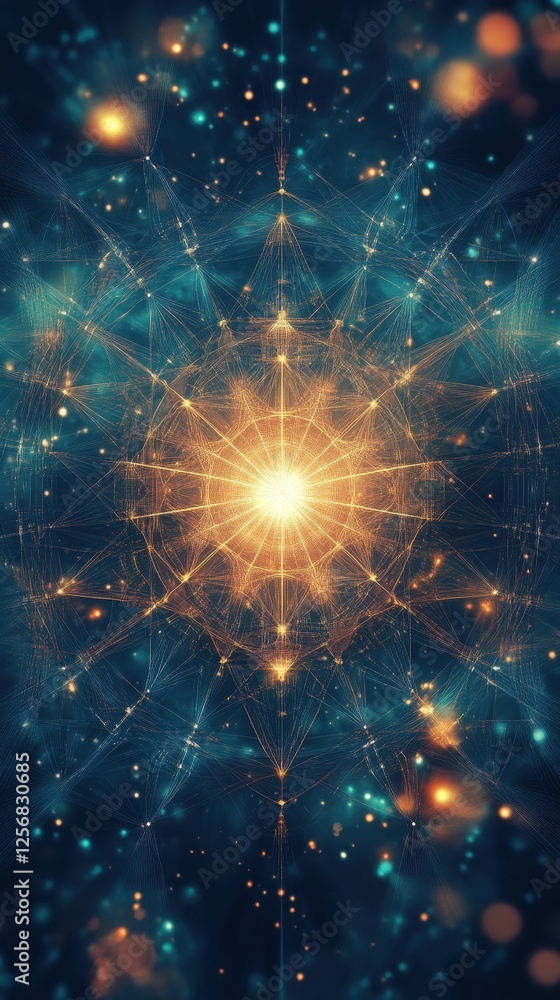 Obraz premium Abstract geometric glowing starburst pattern on a dark background