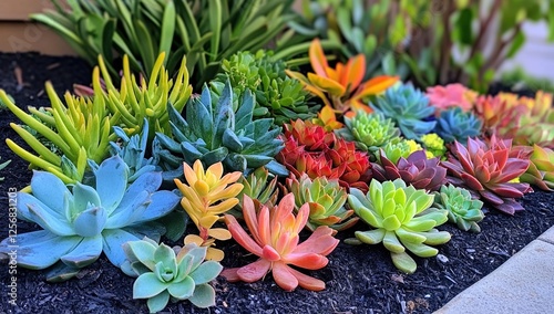 Vibrant Succulent Garden: Colorful, Drought-Tolerant Plants Thrive Outdoors in Vivid Hues photo