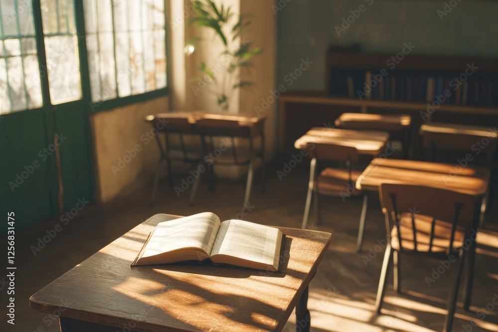 Open book rests on a desk in a sunlit classroom Open book rests on a desk in a sunlit classroom