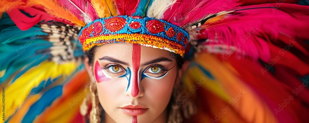 Young woman is posing with a large colorful feather headdress Young woman is posing with a large colorful feather headdress