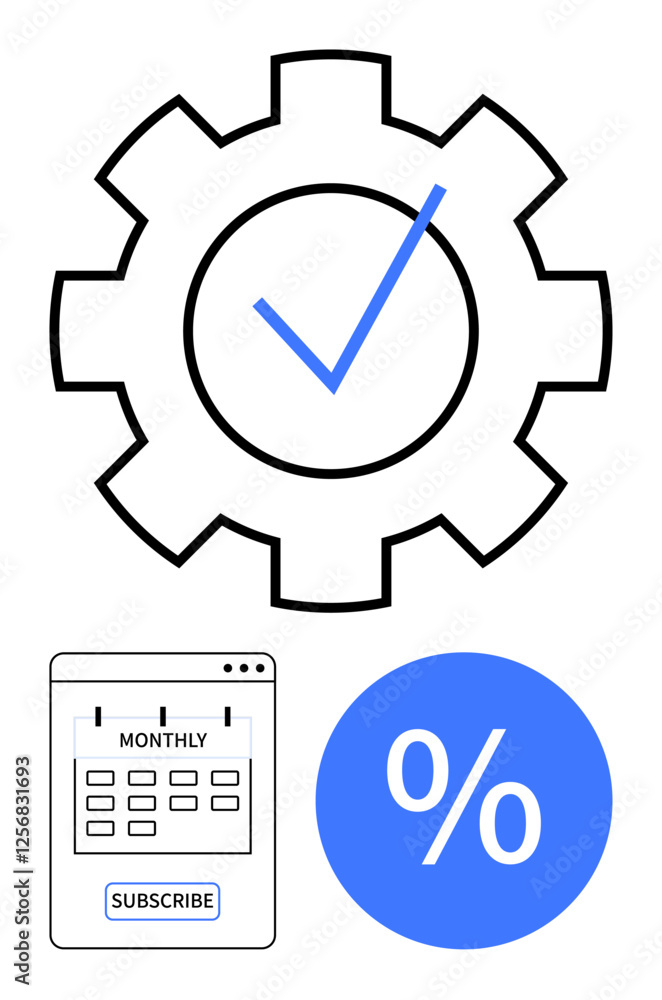 Gear with check mark for management, monthly calendar for subscription reminder, and percentage symbol for discounts. Ideal for productivity, efficiency, reminders, organization, service plans Gear with check mark for management, monthly calendar for subscription reminder, and percentage symbol for discounts. Ideal for productivity, efficiency, reminders, organization, service plans