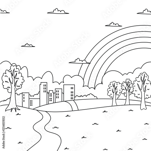 Illustration of hill city park landscape coloring book