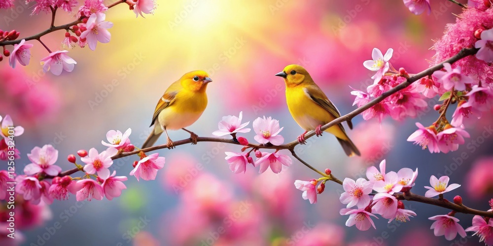 Spring Tree Branch with Yellow and Red Birds Perched on Blooming Pink Flowers Spring Tree Branch with Yellow and Red Birds Perched on Blooming Pink Flowers