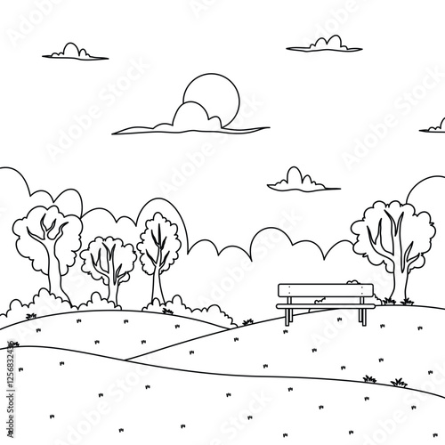 a wodden bench in the park city scene coloring book
