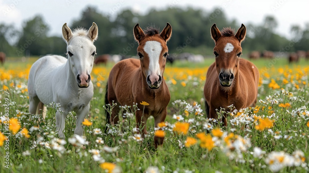 Three foals stand in a field of wildflowers Three foals stand in a field of wildflowers