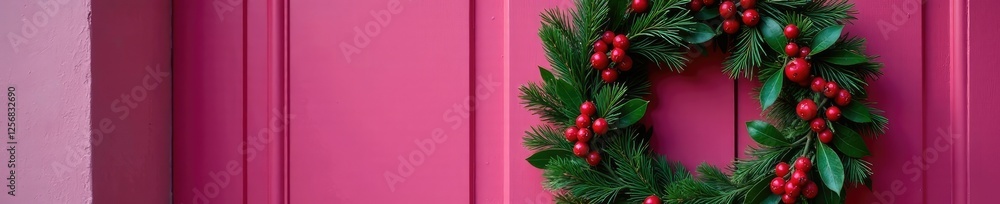 magenta colored wreath made of evergreen branches and holly on a door, magenta, holly, door decoration magenta colored wreath made of evergreen branches and holly on a door, magenta, holly, door decoration