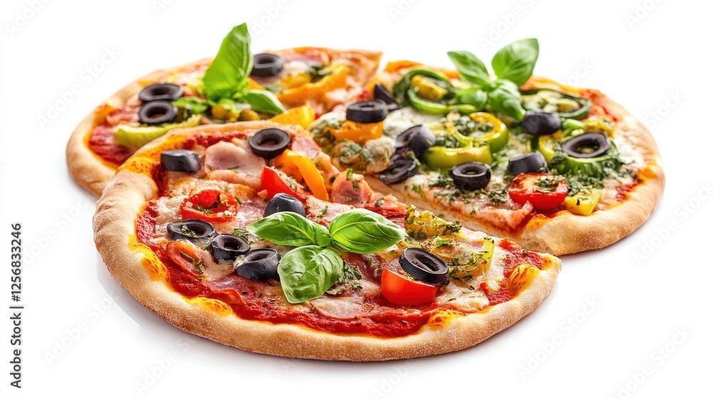 Deliciously arranged three gourmet pizzas topped with fresh vegetables and herbs Deliciously arranged three gourmet pizzas topped with fresh vegetables and herbs