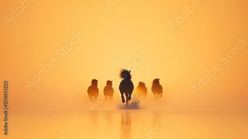 Silhouetted horses galloping through a misty landscape at sunset, evoking freedom and beauty