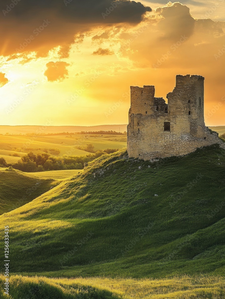 Medieval castle atop a lush hill during a stunning sunset with vibrant colors illuminating the sky. Generative AI Medieval castle atop a lush hill during a stunning sunset with vibrant colors illuminating the sky. Generative AI