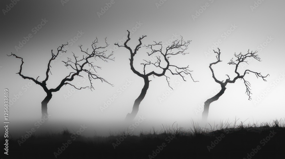 Misty Morning: Silhouette of Four Leafless Trees Misty Morning: Silhouette of Four Leafless Trees