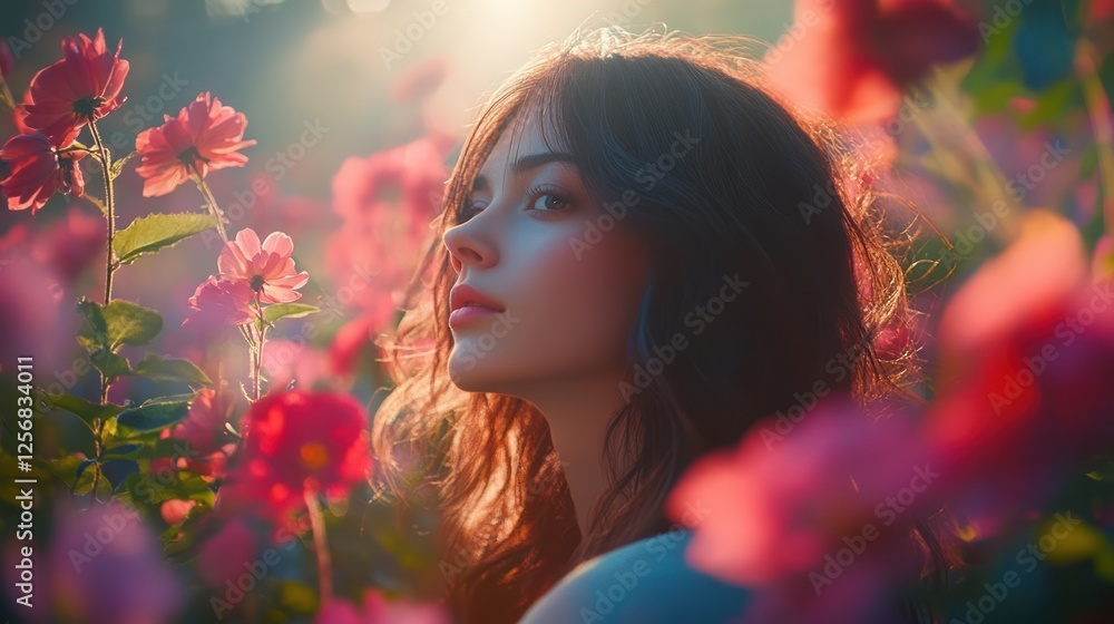 Naklejka premium Woman Rose Garden Sunset Beauty Portrait