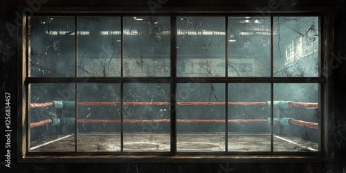 Distant view of a boxing ring through an old window