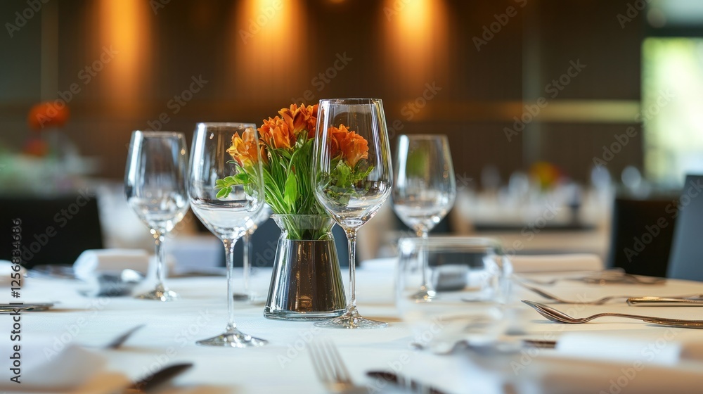 Elegant dining table set with glassware and floral centerpiece in a modern restaurant interior Elegant dining table set with glassware and floral centerpiece in a modern restaurant interior