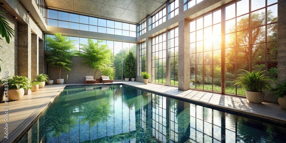 Serene Indoor Swimming Pool with Calm Waters Reflecting Soft Sunlight Through Large Windows - Tranquility, Relaxation, and Architectural Beauty Serene Indoor Swimming Pool with Calm Waters Reflecting Soft Sunlight Through Large Windows - Tranquility, Relaxation, and Architectural Beauty