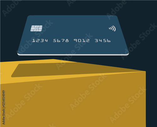 A generic mock credit or debit card is seen hovering over a box or table 