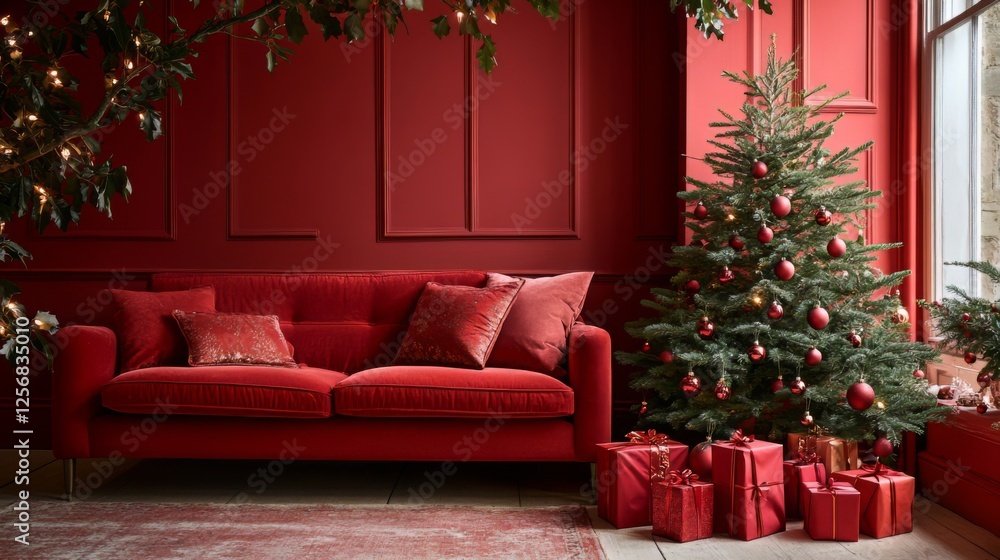 Red Velvet Sofa and Christmas Decor in a Stylish Living Room Red Velvet Sofa and Christmas Decor in a Stylish Living Room
