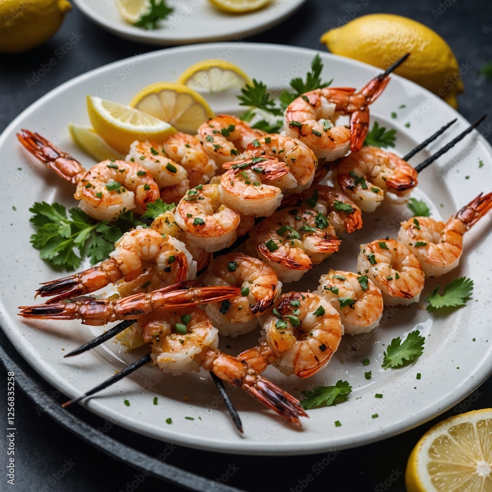 Savory grilled shrimp on skewers, drizzled with a tangy mix of soy sauce, garlic, fresh parsley, and a squeeze of lemon, all served on a chic black plate. Savory grilled shrimp on skewers, drizzled with a tangy mix of soy sauce, garlic, fresh parsley, and a squeeze of lemon, all served on a chic black plate.