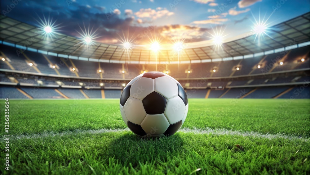 Obraz premium A soccer ball is placed on a lush green grass field with a blurred stadium in the background, conveying a sense of isolation and focus on the game , grassy, serene