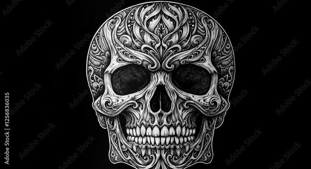 Fototapeta premium Ornate black and white skull with intricate floral design on black background