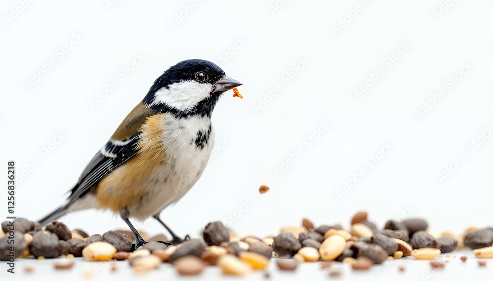 Obraz premium A bird with a pastel-like color scheme is standing next to a scatter of nuts and seeds on a white background