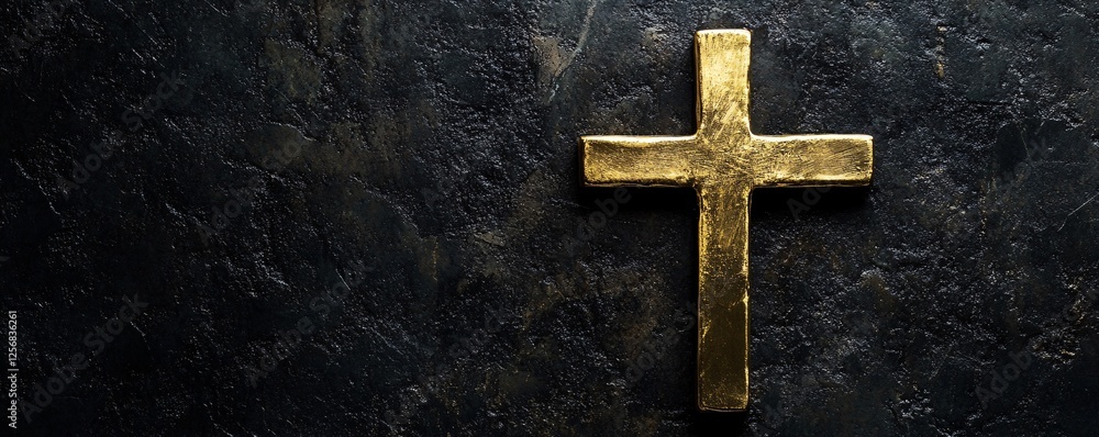 Golden christian cross lying on dark textured background Golden christian cross lying on dark textured background