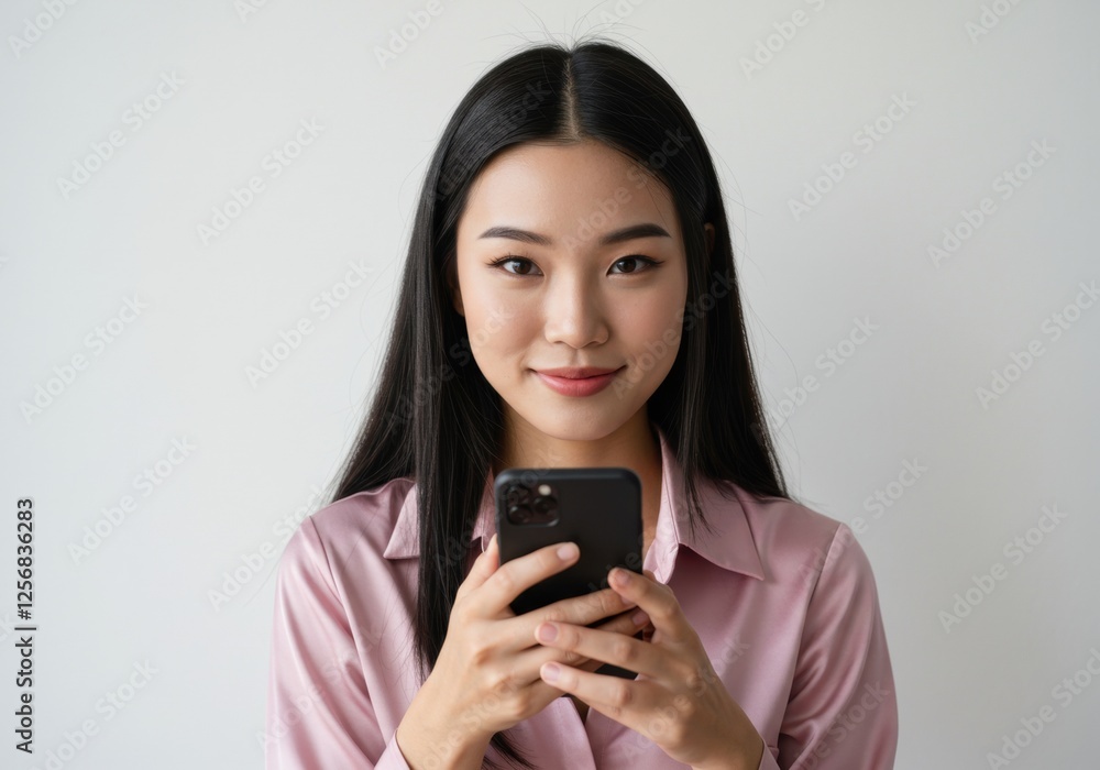 Smiling woman using smartphone in pink shirt against white background Smiling woman using smartphone in pink shirt against white background