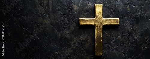 Golden christian cross lying on dark textured background