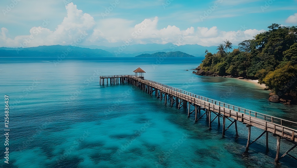 Tranquil Wooden Pier Extending Out into the Azure Waters of a Tropical Island Paradise Tranquil Wooden Pier Extending Out into the Azure Waters of a Tropical Island Paradise