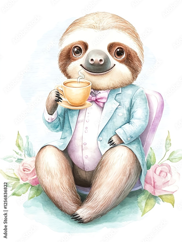 Obraz premium Sloth in Suit Drinking Tea Watercolor - Cute Animals