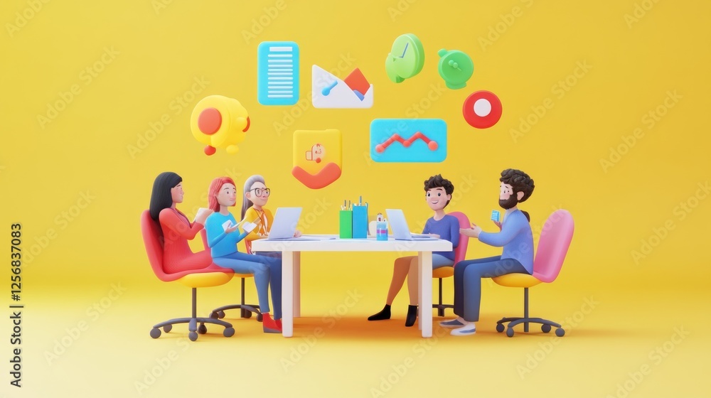Team brainstorming, office meeting, yellow background, app icons Team brainstorming, office meeting, yellow background, app icons