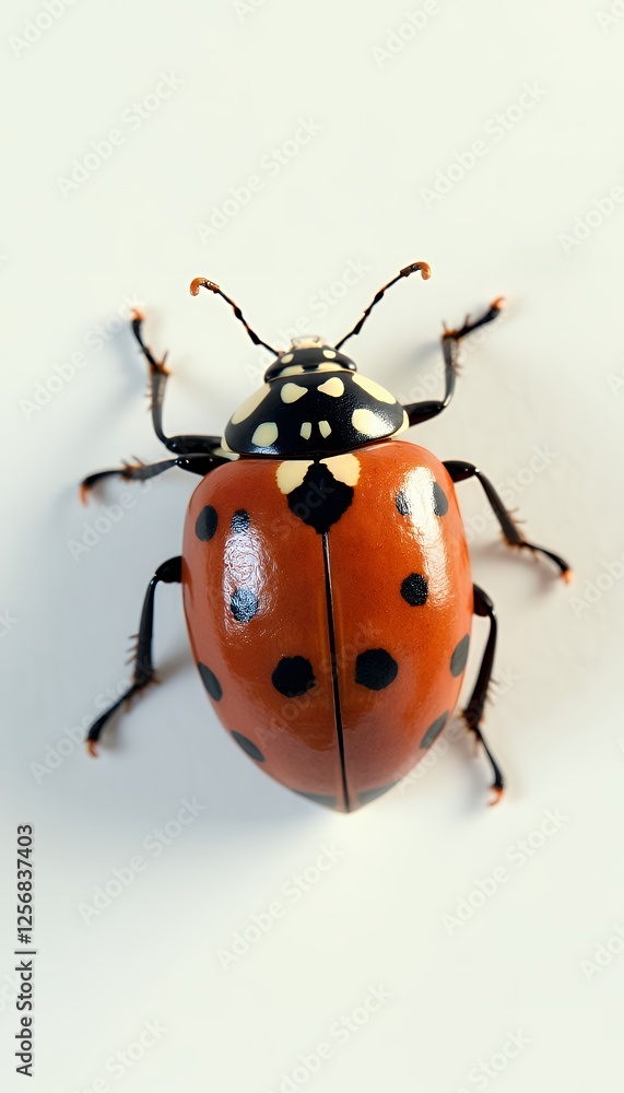 Fototapeta premium A ladybug insect with a vibrant orange body is photographed against a white background showcasing a plastic appearance in a studio light shot with plastic style of a plastic and shiny appearance, a