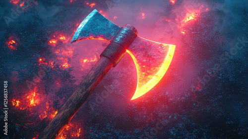 Glowing battle-axe blade against fiery forest backdrop.