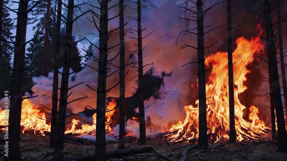 Forest fire raging through pine trees at dusk, environmental disaster concept Forest fire raging through pine trees at dusk, environmental disaster concept