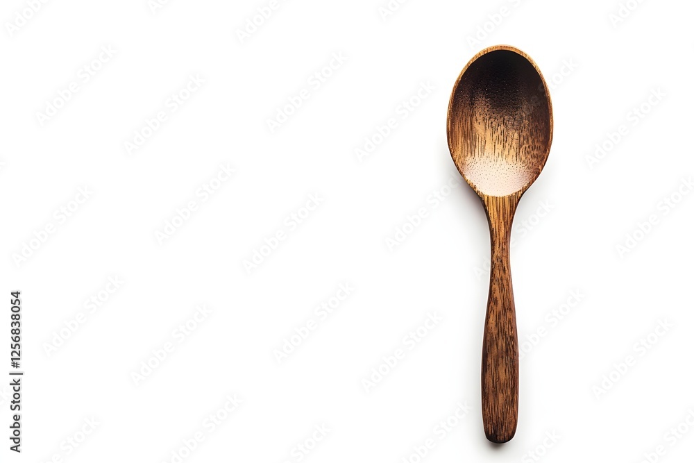 A Single, Rustic Wooden Spoon, Isolated Against a Pristine White Background, Perfect for Culinary Photography or Simple Kitchen Still Life. A Single, Rustic Wooden Spoon, Isolated Against a Pristine White Background, Perfect for Culinary Photography or Simple Kitchen Still Life.