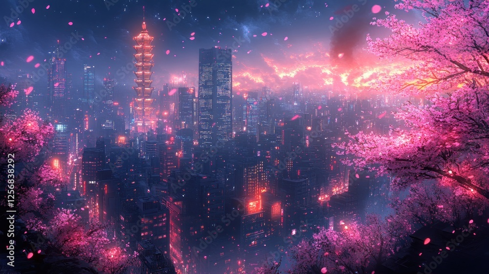 Fototapeta premium A vibrant cityscape at dusk, illuminated by neon lights, surrounded by cherry blossoms in bloom