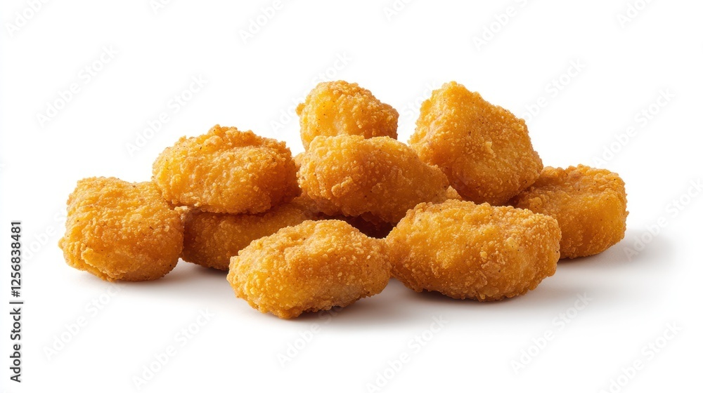 Golden, crispy chicken nuggets piled on a clean white surface, ideal for fast food marketing Golden, crispy chicken nuggets piled on a clean white surface, ideal for fast food marketing