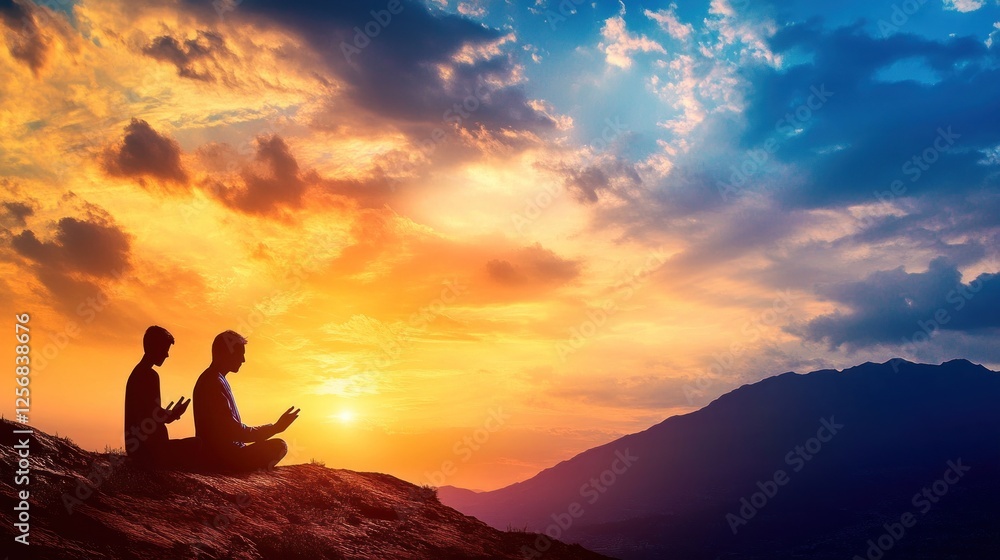 Sunset Serenity: Father and Son's Peaceful Mountaintop Prayer Sunset Serenity: Father and Son's Peaceful Mountaintop Prayer
