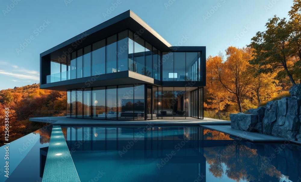 Modern two-story glass house with infinity pool and autumnal landscape - architectural design and luxury real estate photography architecture photographyarchitecture city building urban design exterio