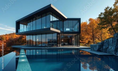 Obraz na płótnie Modern two-story glass house with infinity pool and autumnal landscape - architectural design and luxury real estate photography architecture photographyarchitecture city building urban design exterio w salonie