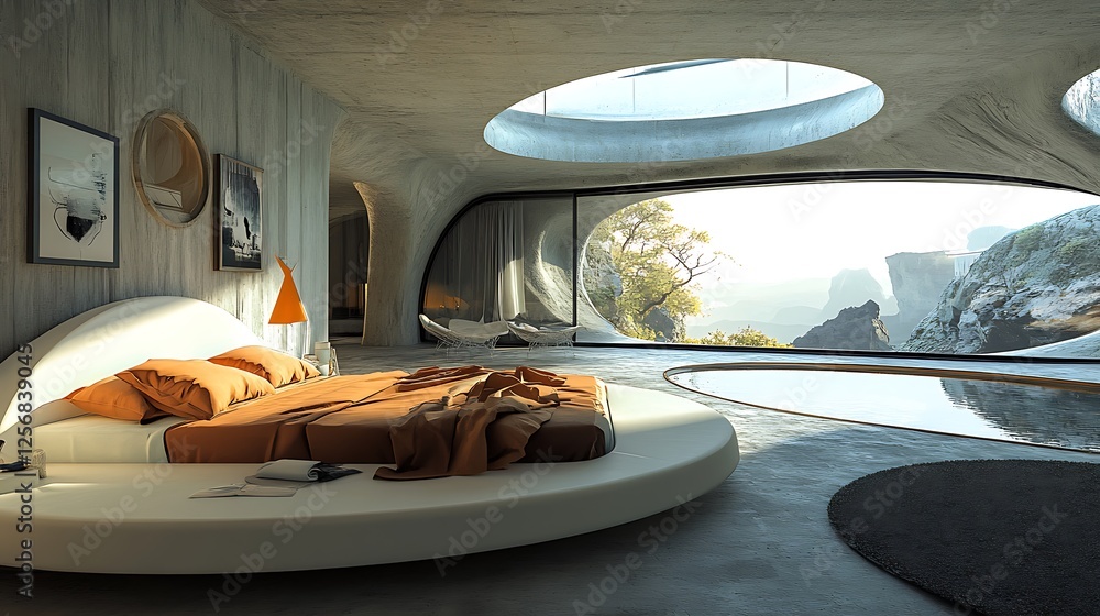 Fototapeta premium Luxury Cliffside Bedroom with Panoramic View