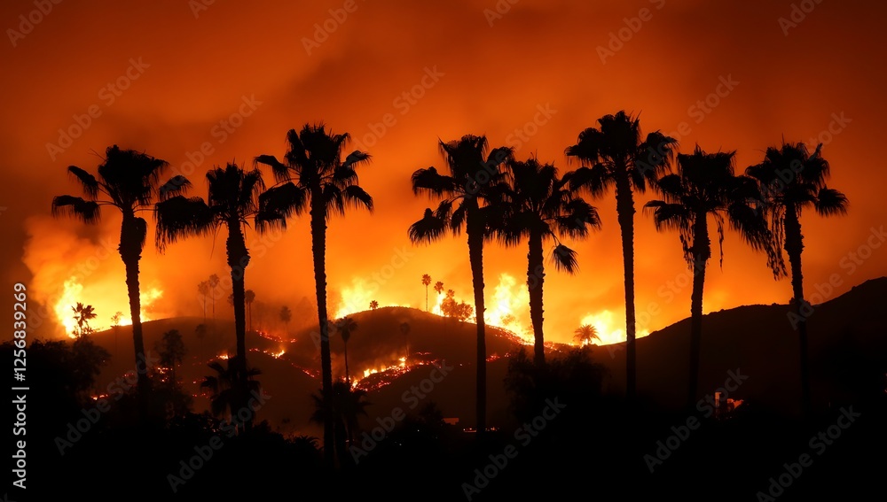 Obraz premium Destructive Wildfire Engulfs Landscape, Silhouetting Palm Trees Against a Fiery Orange Sky