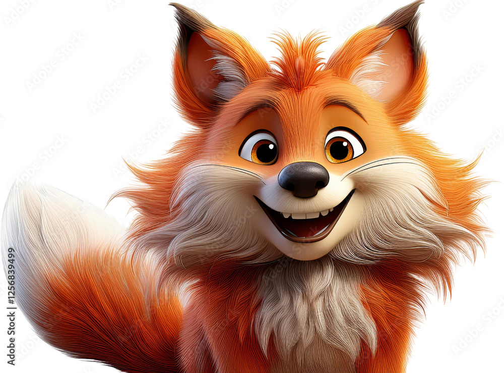 Obraz premium Adorable 3D Rendered Fox Character Happy Expression Orange Fur Fluffy Tail