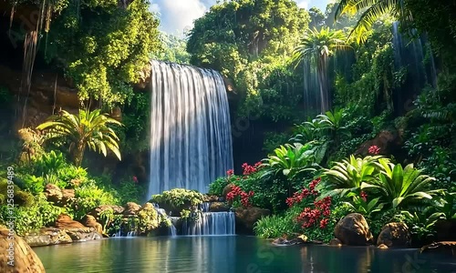 Enchanting Garden of Eden waterfall nestled in vibrant greenery, evoking a cinematic ambiance, nature, lush garden, serene waterfall.