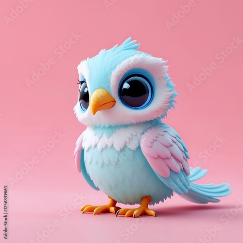 Amii of bird in shiny pastels style bird, adorable and colorful with big eyes in studio shot with plastic shiny style shiny background