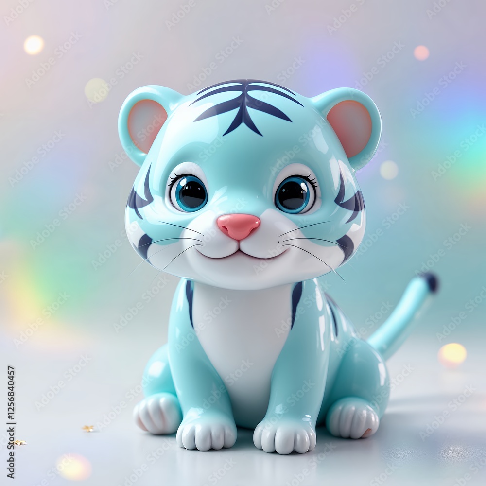 Naklejka premium Blue tiger smiling in the shiny style with plastic animal face with, a pastel background illustration, showcasing an adorable blue tiger character in a plastic shine style with a background