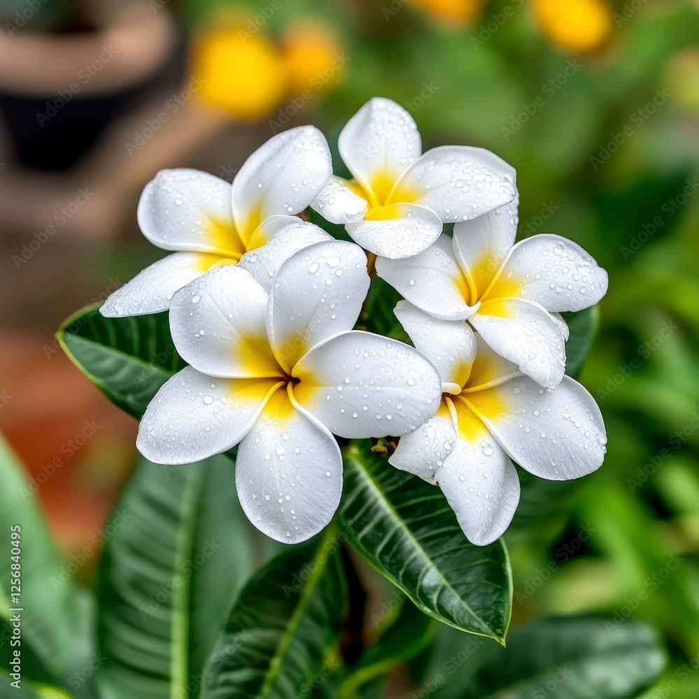 Fresh White Plumeria Flowers with Water Drops on Green Background