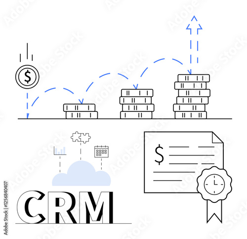 Stacks of growing coins with upward arrows, dollar sign, CRM letters with cloud, chart, calendar icon, financial document with seal. Ideal for finance, business growth, investment CRM systems cloud