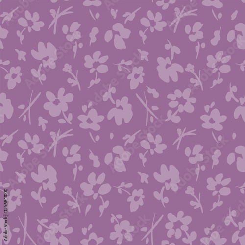 All over vector seamless repeat pattern with ditsy tossed warm purple flowers in tonal mauve palette. Simple and versatile retro cottage everyday ditsy floral backdrop. Shabby chic floral for quilting