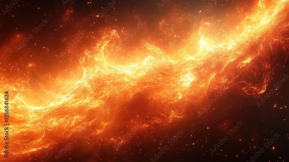 Naklejka premium Vibrant cosmic flames swirling in the vastness of space, illuminating the dark background